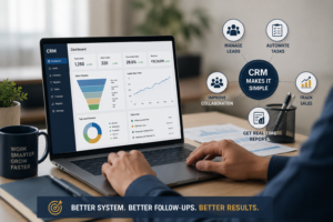 Indian small business owner using CRM software on a laptop to manage leads, automate follow-ups, track sales performance, and improve customer conversions