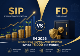 SIP vs FD in 2026 comparison banner showing systematic investment plan growth chart and fixed deposit savings vault for Indian salaried employees investing ₹5,000 per month