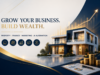 Luxury business growth consulting banner featuring a modern house, financial growth chart, property investment, digital marketing, finance planning, and AI automation services in India