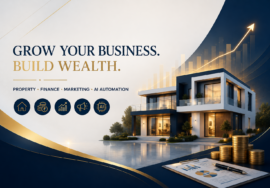 Luxury business growth consulting banner featuring a modern house, financial growth chart, property investment, digital marketing, finance planning, and AI automation services in India