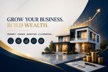 Luxury business growth consulting banner featuring a modern house, financial growth chart, property investment, digital marketing, finance planning, and AI automation services in India