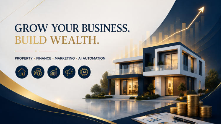 Luxury business growth consulting banner featuring a modern house, financial growth chart, property investment, digital marketing, finance planning, and AI automation services in India