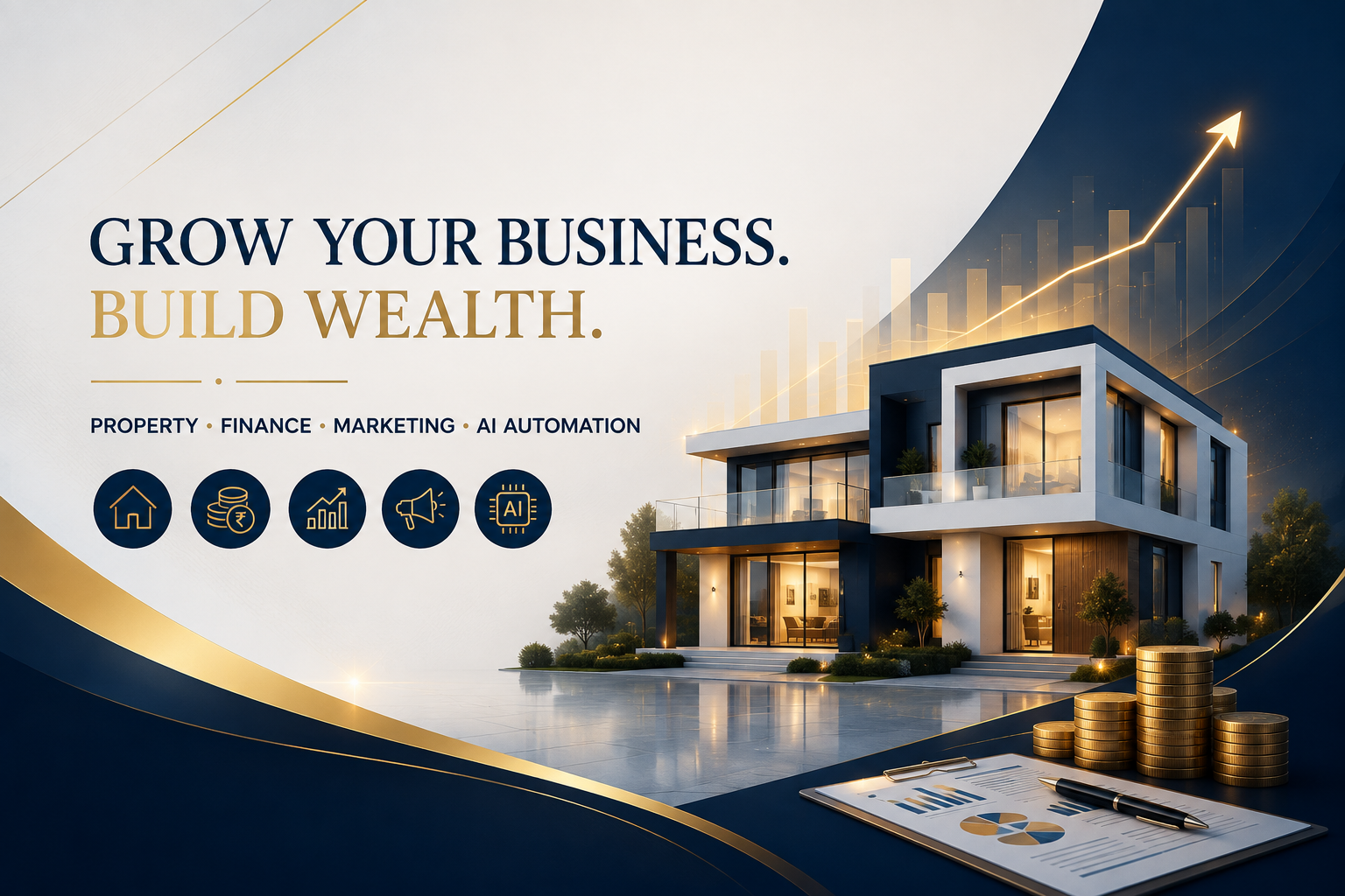 Luxury business growth consulting banner featuring a modern house, financial growth chart, property investment, digital marketing, finance planning, and AI automation services in India